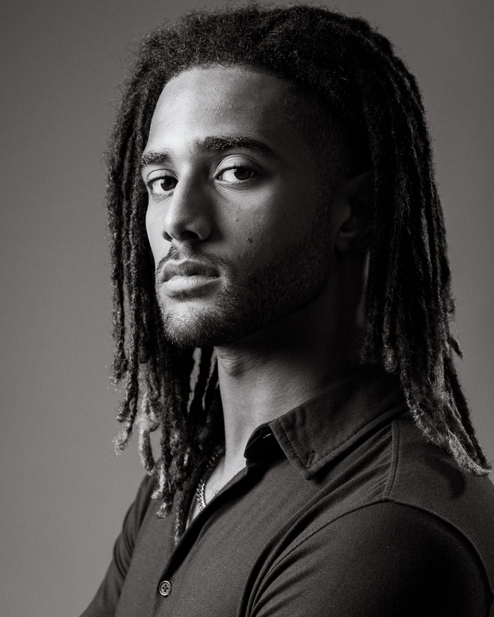 black and white model headshot of a male, shot in Coventry, UK
